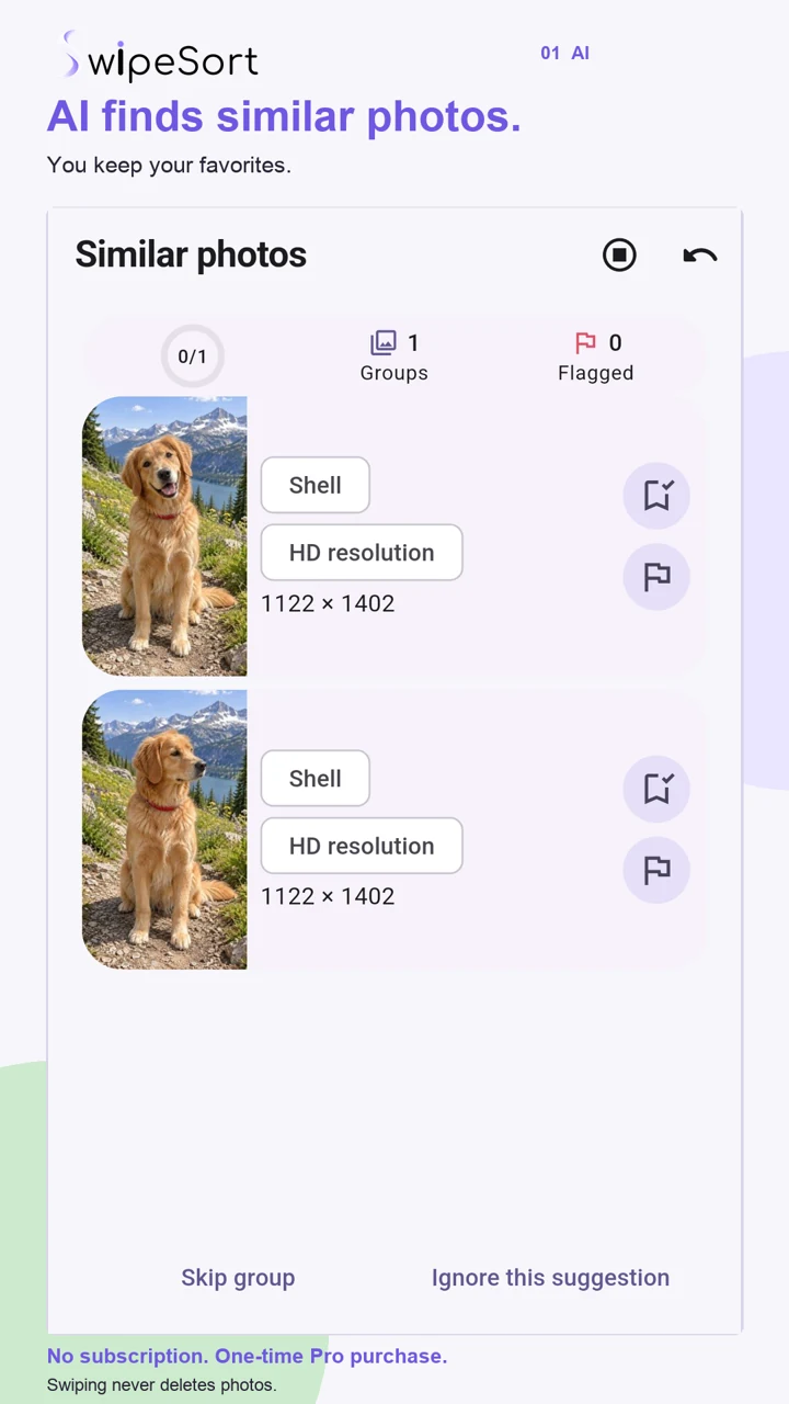 SwipeSort Android: Similar-photo suggestions showing two sample dog photos