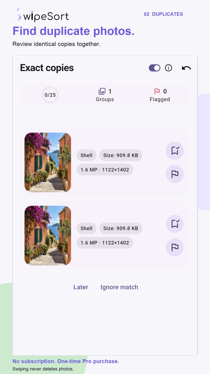 SwipeSort Android: Exact-copy comparison with two identical sample street photos