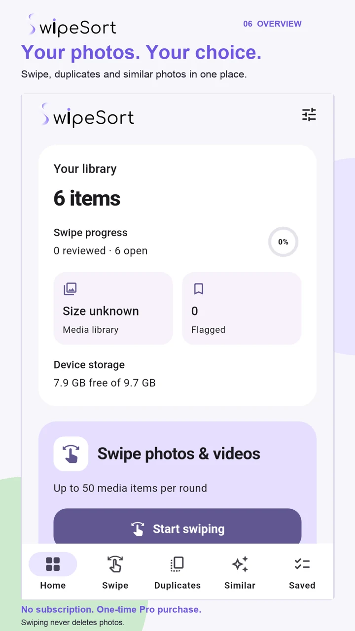 SwipeSort Android: library overview with six sample media items, progress and review modes