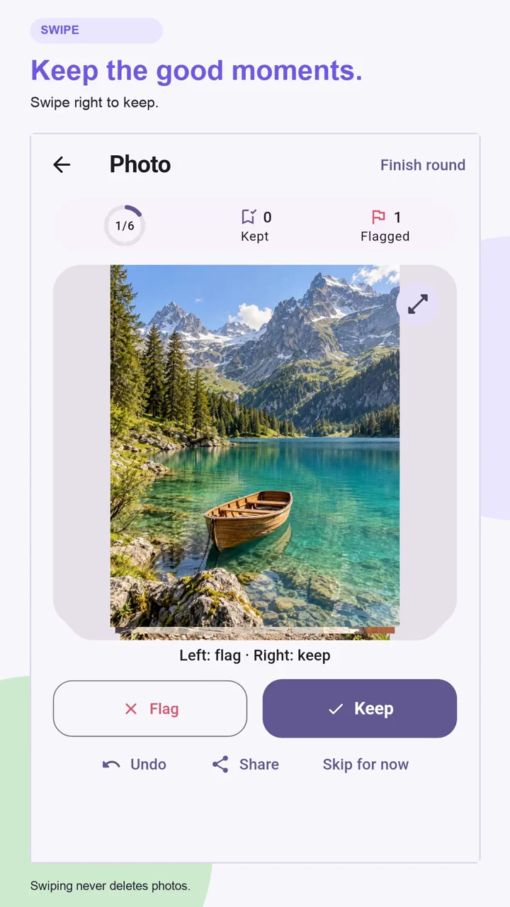 Android walkthrough preview showing SwipeSort keeping a sample photo