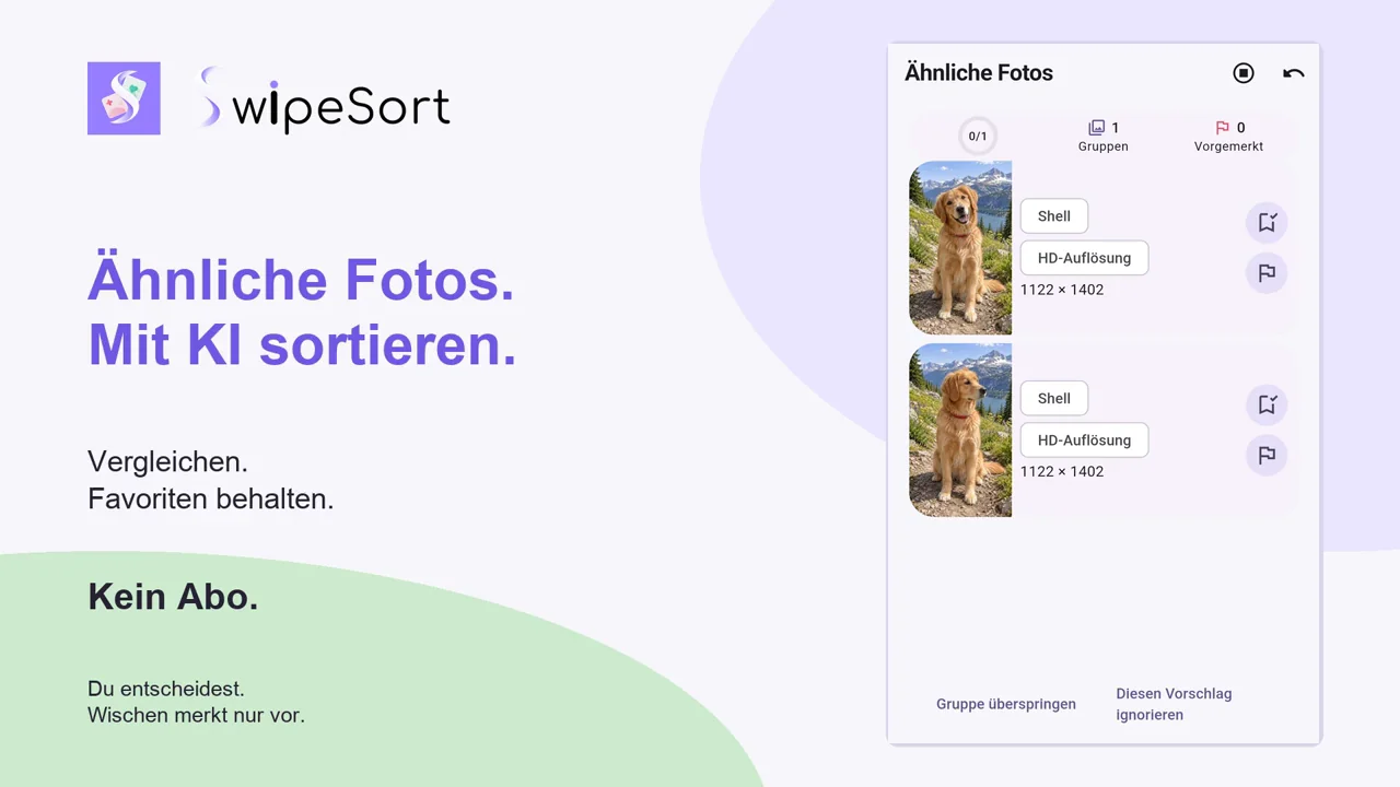 SwipeSort video preview with two similar sample dog photos and the comparison screen